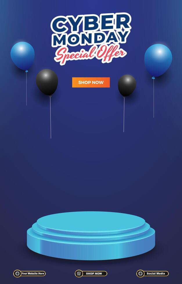 special cyber monday sale discount portait template banner with blank space 3d podium for social media post product sale with abstract gradient blue background design vector