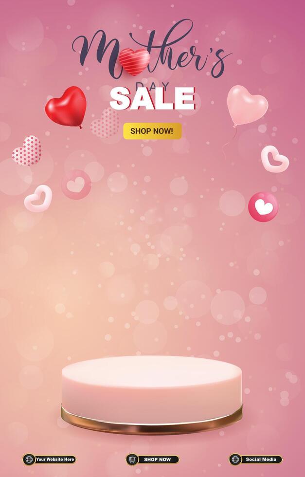 mother day discount portait template banner with blank space 3d podium for social media post product sale with abstract gradient pink background design vector