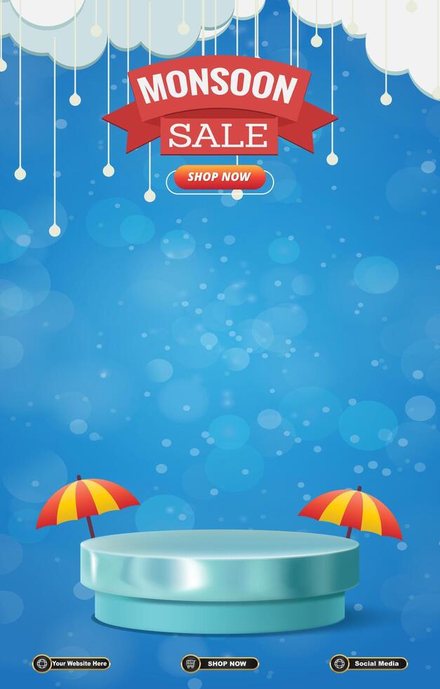 monsoon sale discount template banner with blank space 3d podium for social media post product sale with abstract gradient blue background design vector