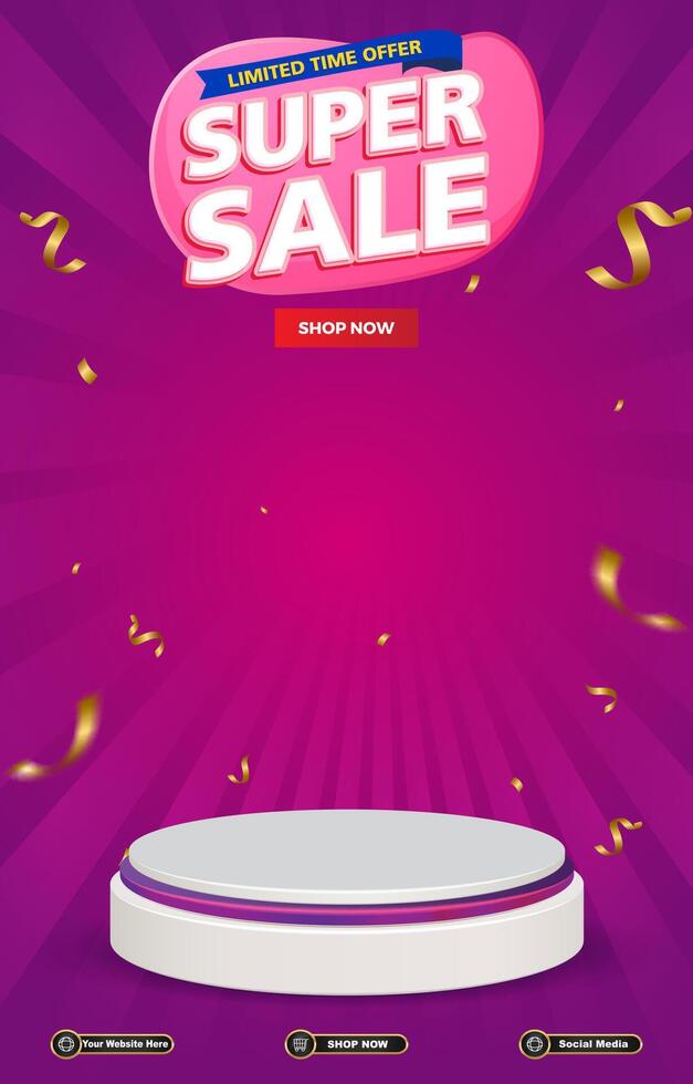 limited super sale discount portait template banner with blank space 3d podium for social media post product sale with abstract gradient purple background design vector