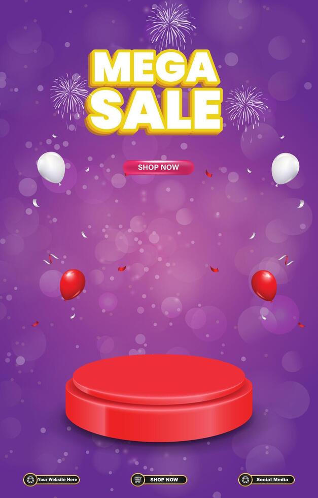 mega sale discount portait template banner with blank space 3d podium for social media post product sale with abstract gradient purple background design vector