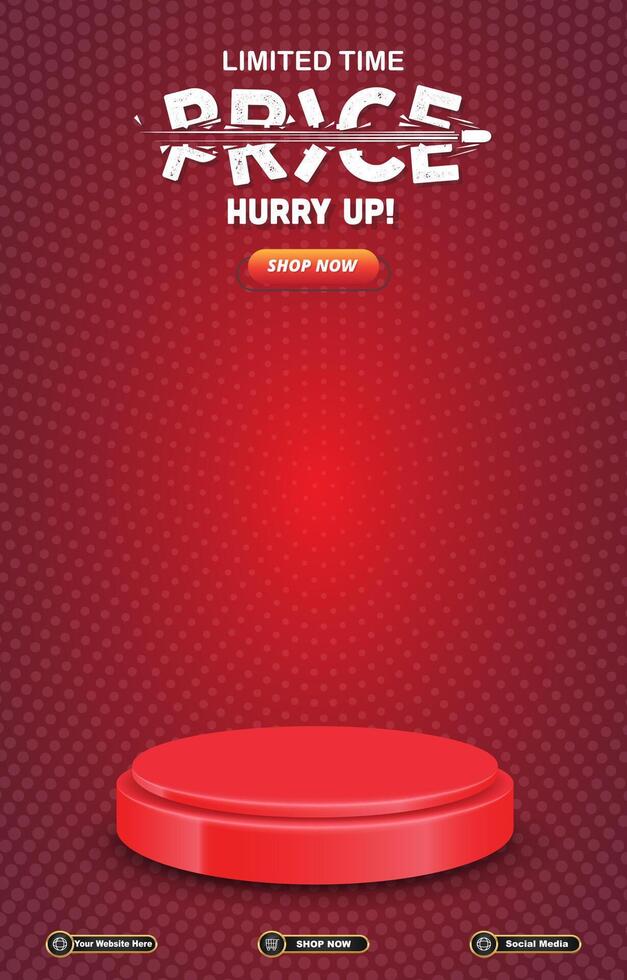 limited price sale discount portait template banner with blank space 3d podium for social media post product sale with abstract gradient red background design vector