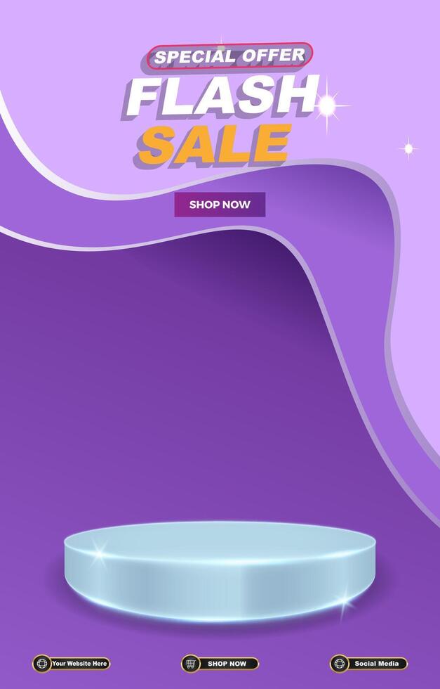 special offer flash sale discount portait template banner with blank space 3d podium for social media post product sale with abstract gradient purple background vector