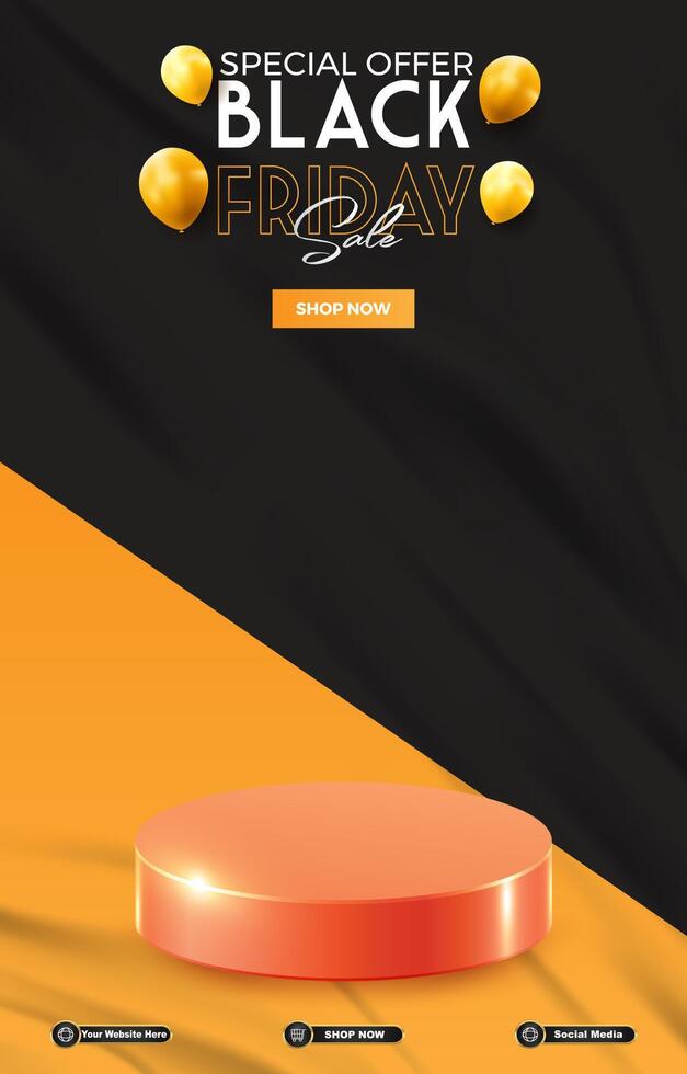 special offer black friday sale discount portait template banner with blank space 3d podium for social media post product sale with abstract gradient black background vector