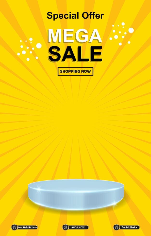 special offer mega sale discount portait template banner with blank space 3d podium for social media post product sale with abstract gradient yellow background design vector