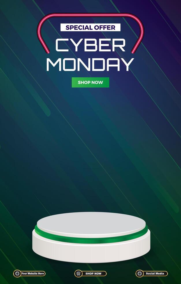 special offer cyber monday sale discount portait template banner with blank space 3d podium for social media post product sale with abstract gradient green background design vector