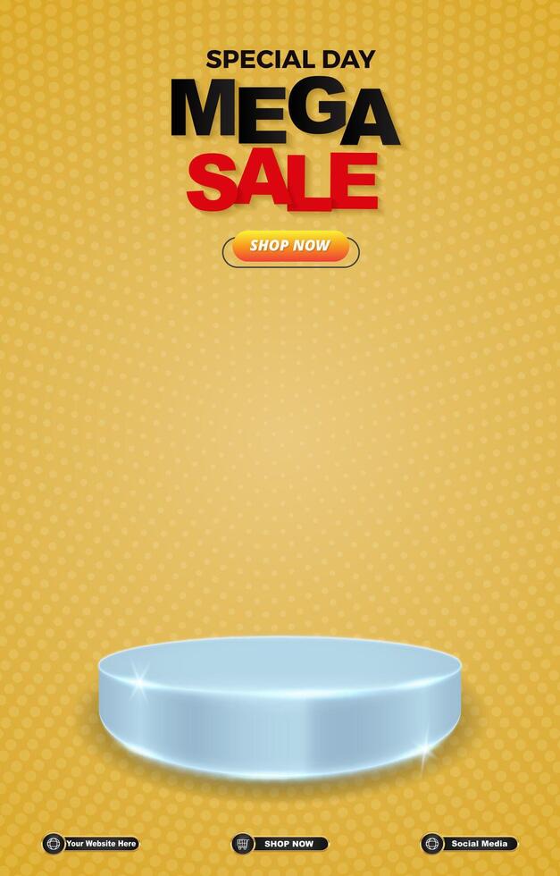 special mega sale discount portait template banner with blank space 3d podium for social media post product sale with abstract gradient yellow background design vector