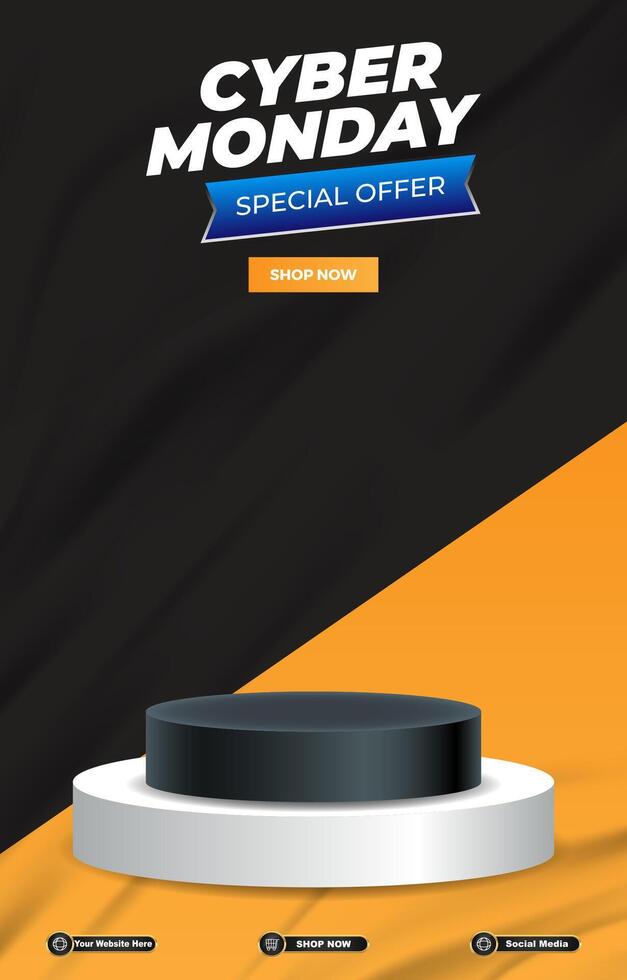 special offer cyber monday sale discount portait template banner with blank space 3d podium for social media post product sale with abstract gradient black background design vector