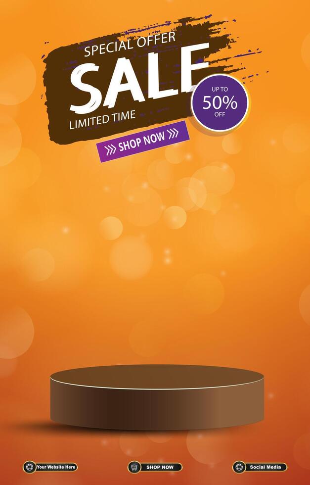special offer sale discount portait template banner with blank space 3d podium for social media post product sale with abstract gradient orange background vector