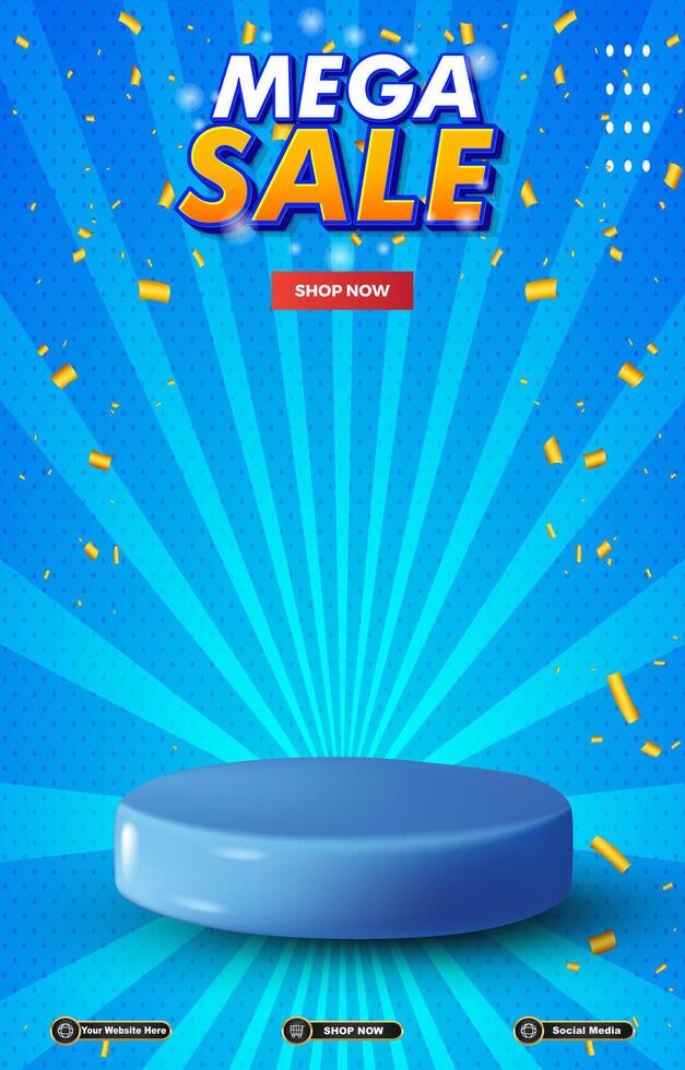 mega sale portait template banner with blank space 3d podium for social media post product sale with abstract gradient background vector