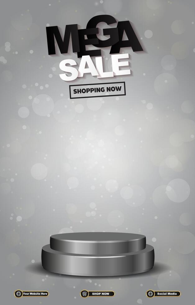 mega sale discount portait template banner with blank space 3d podium for social media post product sale with abstract gradient grey background design vector
