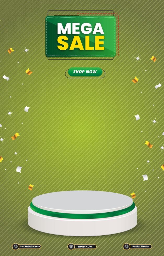 mega sale discount portait template banner with blank space 3d podium for social media post product sale with abstract gradient green background vector