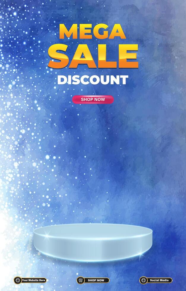mega sale discount portait template banner with blank space 3d podium for social media post product sale with abstract gradient blue background design vector