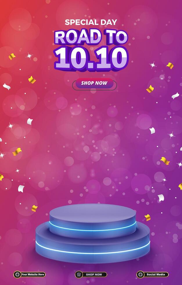 special 10.10 sale discount portait template banner with blank space 3d podium for social media post product sale with abstract gradient purple background design vector