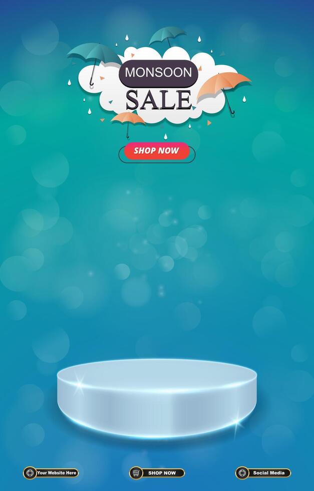 monsoon sale discount portait template banner with blank space 3d podium for social media post product sale with abstract gradient blue background vector