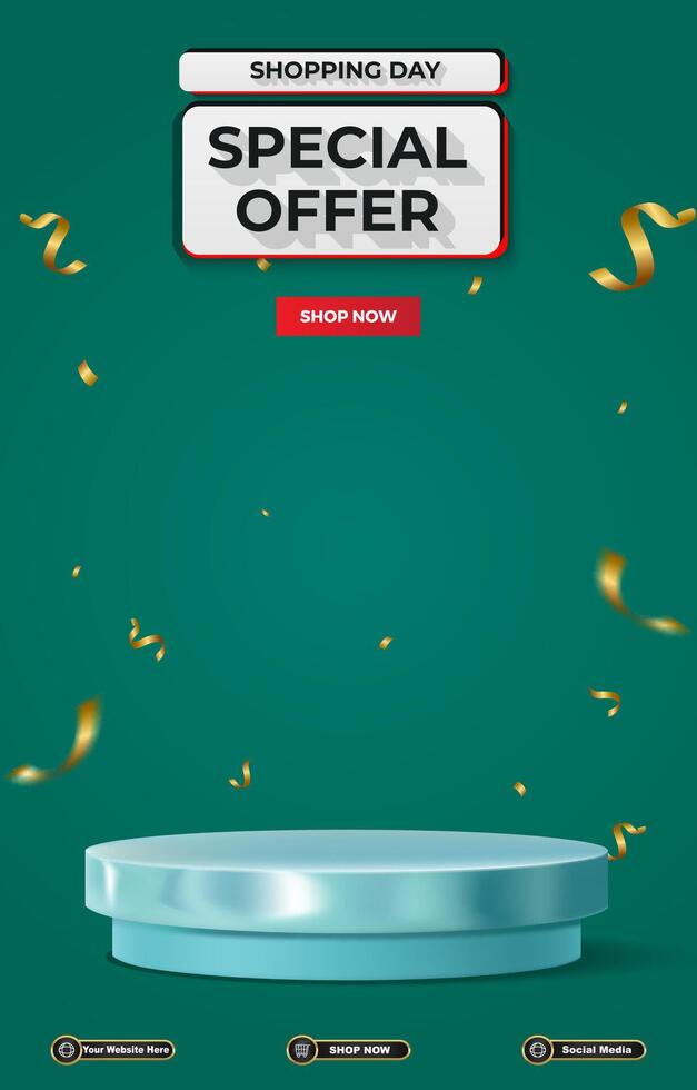 special offer sale discount portait template banner with blank space 3d podium for social media post product sale with abstract gradient green background vector