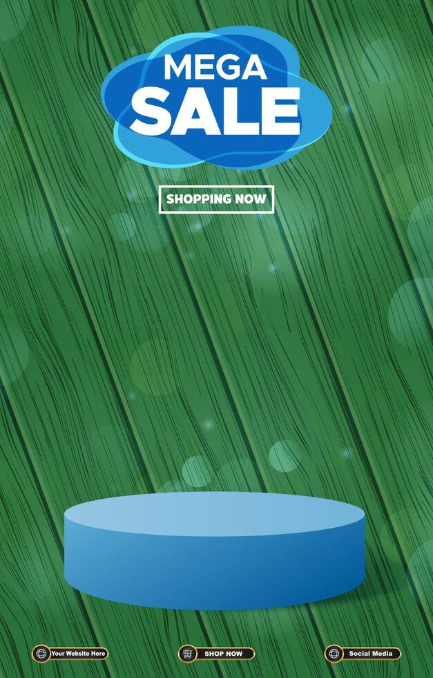 mega sale discount portait template banner with blank space 3d podium for social media post product sale with abstract gradient green background design vector