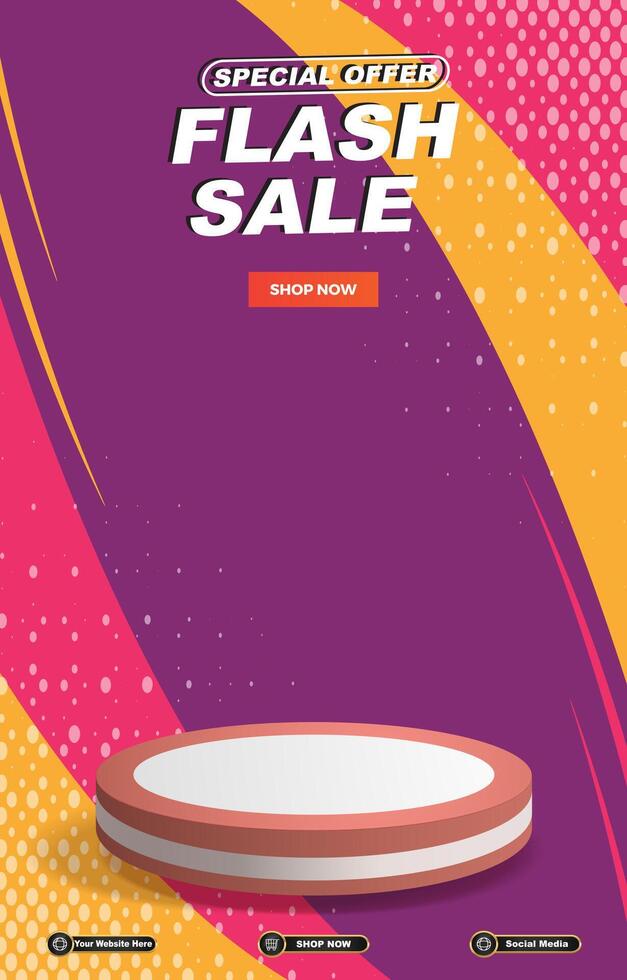 special offer flash sale discount portait template banner with blank space 3d podium for social media post product sale with abstract gradient purple background design vector