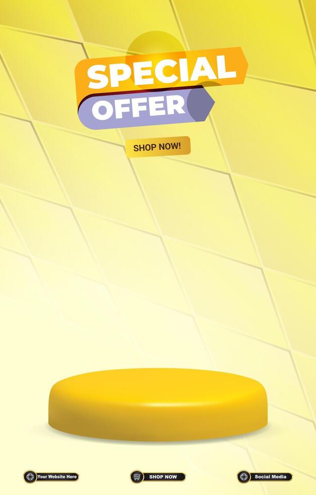 special offer sale discount portait template banner with blank space 3d podium for social media post product sale with abstract gradient yellow background vector