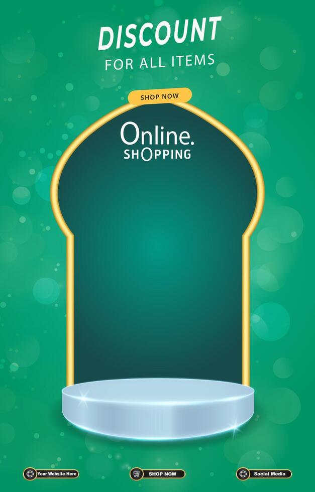 sale discount portait template banner with blank space 3d podium for social media post product sale with abstract gradient green background design vector
