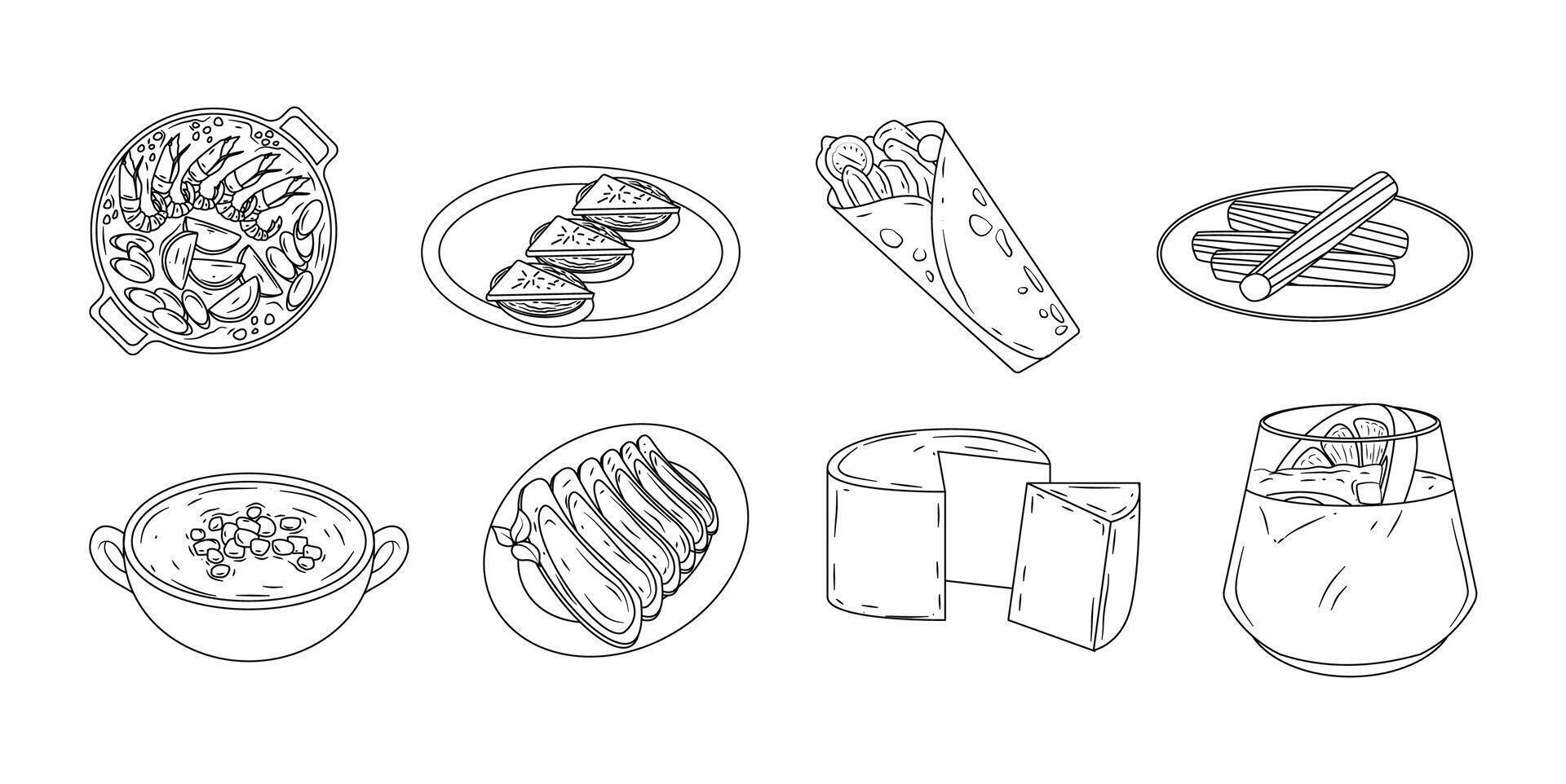 Spanish cuisine outline set illustration vector