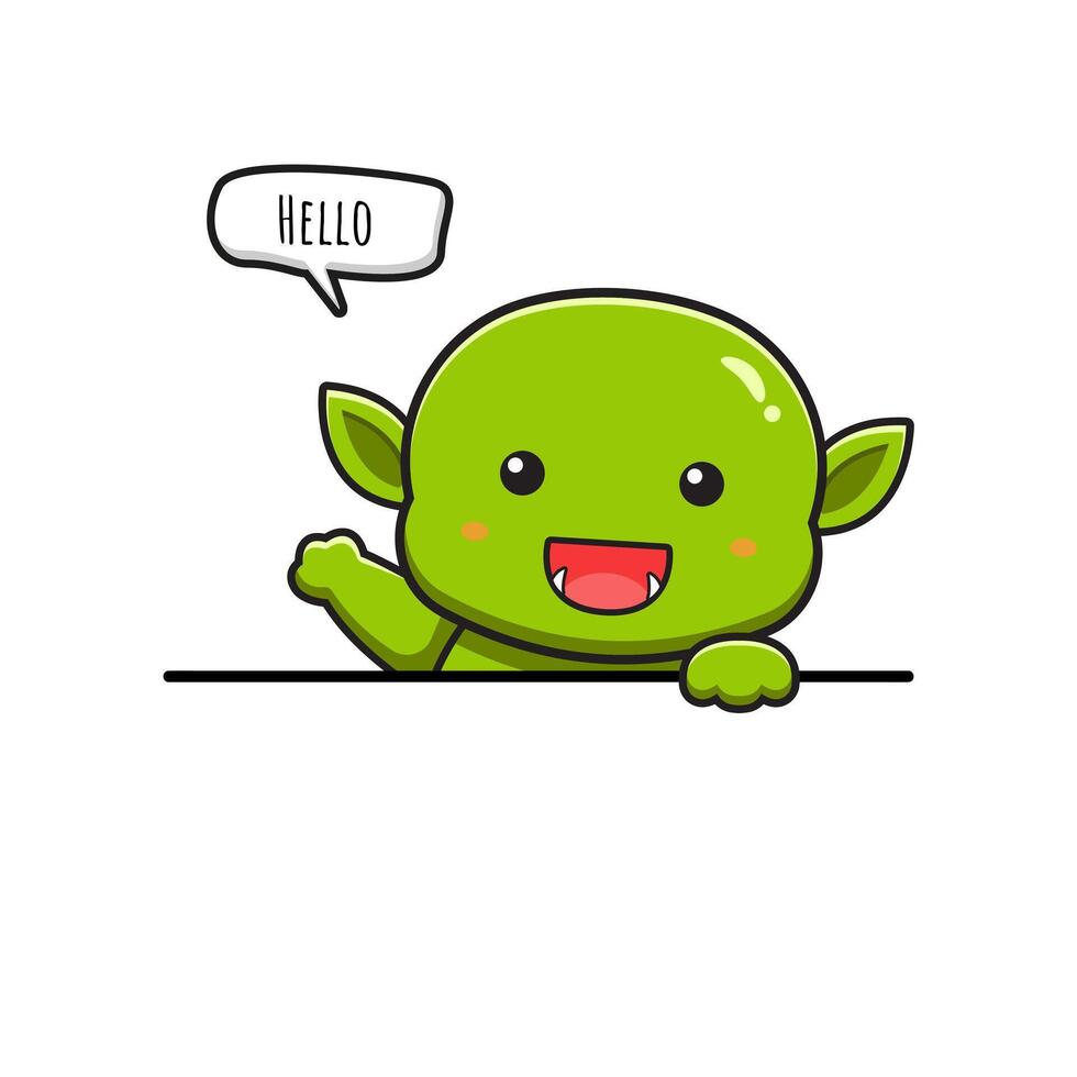 Cute goblin waving hand say hello cartoon icon illustration vector