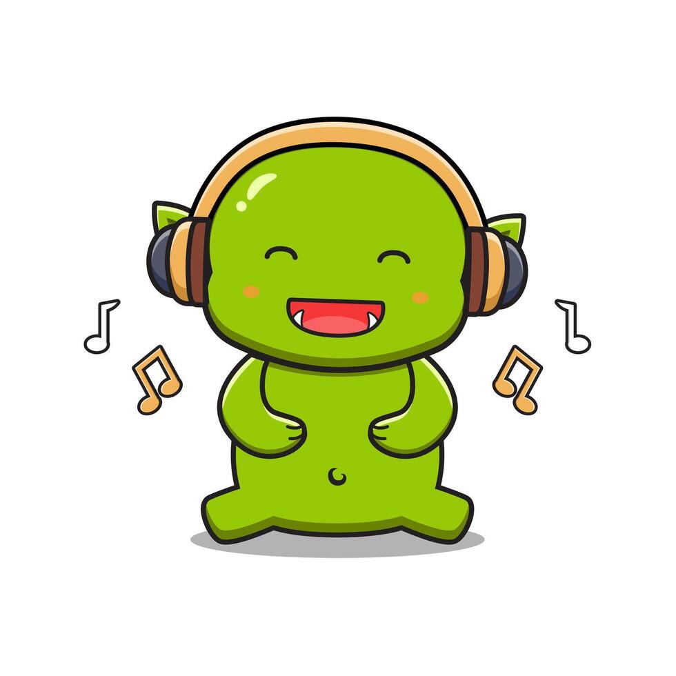 Cute goblin listening music with headphone cartoon icon illustration vector