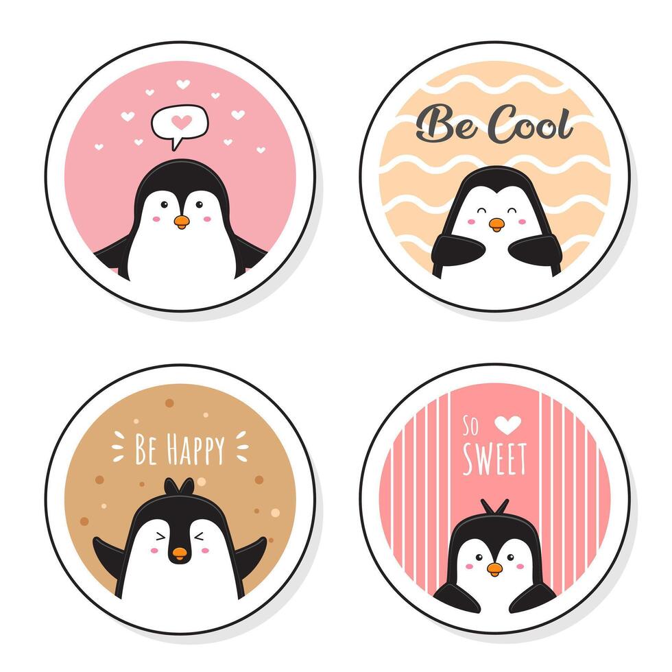 Set collection of cute penguin with doodle round card cartoon icon illustration vector