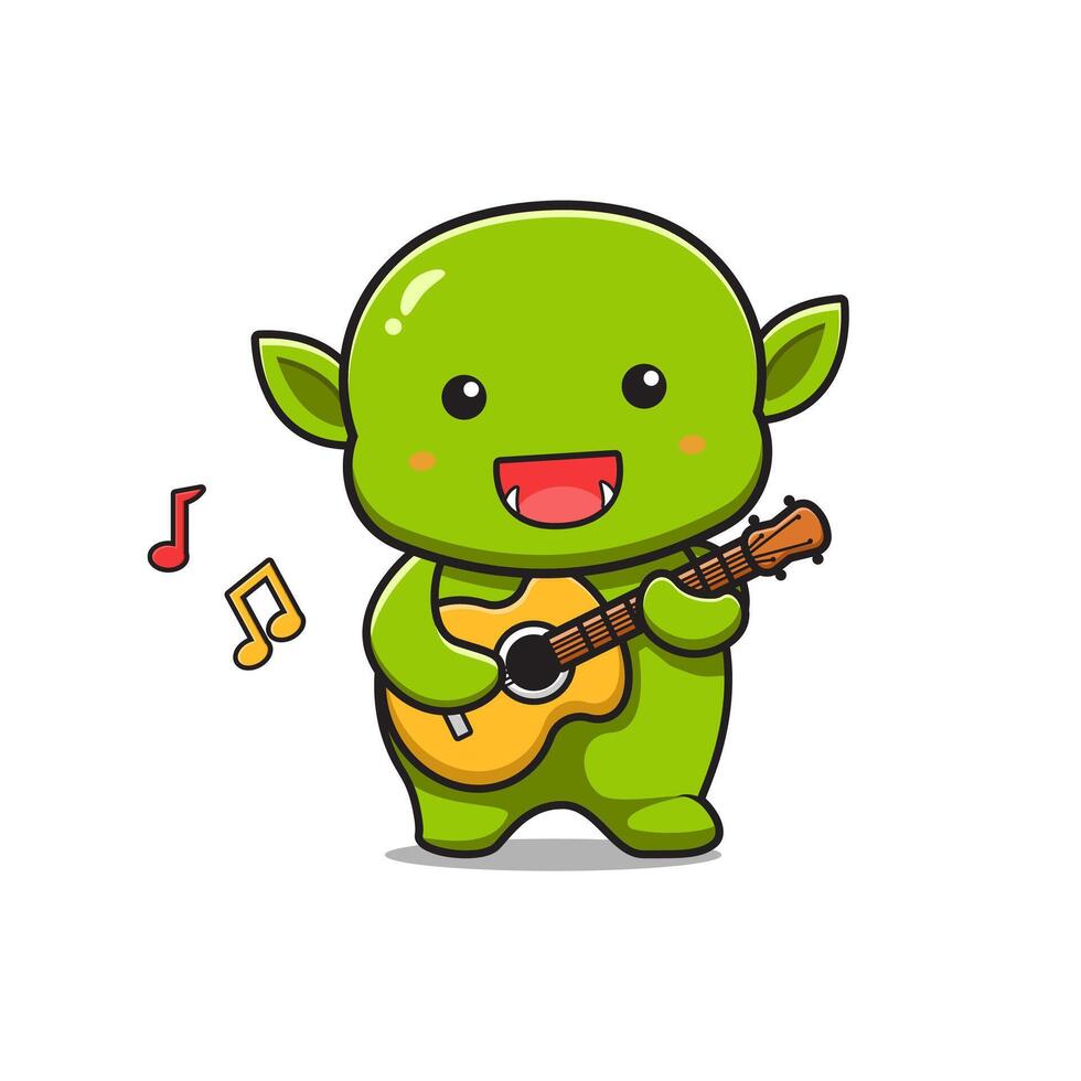 Cute goblin play guitar cartoon icon illustration vector