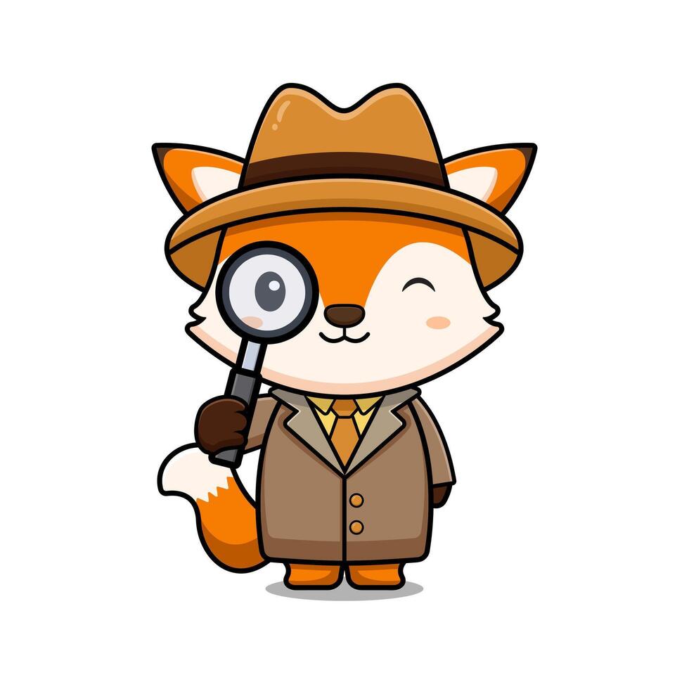 Cute Fox Detective Holding Magnifying Glass Mascot Character Icon Illustration. Flat Cartoon Style Suitable for Web Landing Page, Banner, Sticker, Card vector