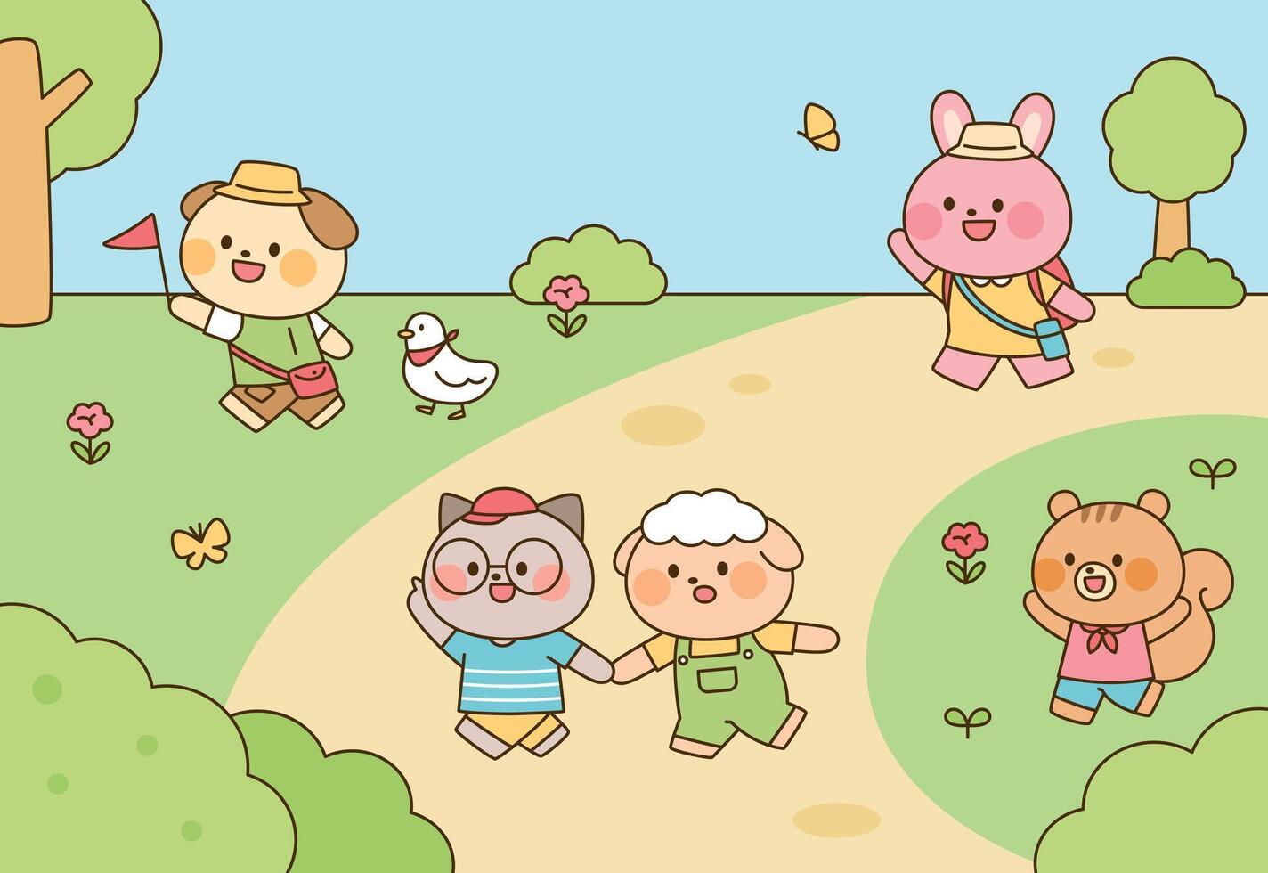 Adorable animal friends on a spring picnic in nature. Flat cartoon illustration featuring bunny, dog, cat, sheep, duck, and squirrel enjoying a sunny day outdoors. vector