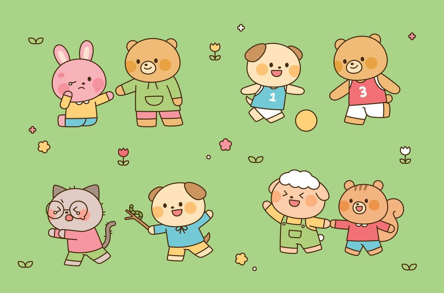 Cute cartoon animal kids playing in the playground, showing various emotions and activities like sports, apology, and fun. Pastel flat illustration. vector