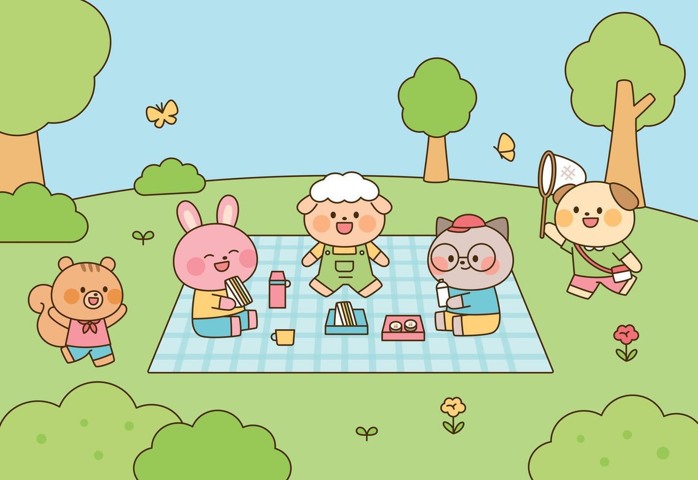 Cute animal friends having a picnic with lunch boxes and drinks in nature. Cartoon illustration featuring bunny, dog, cat, sheep, and squirrel enjoying sunny weather. vector