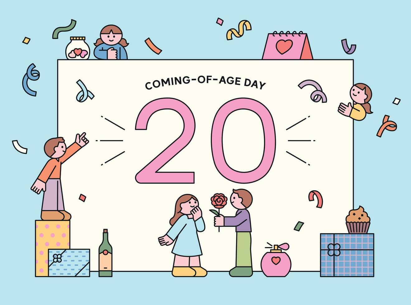 Celebration illustration for Coming of Age Day with cute characters and number 20, showing gifts like roses, perfume, wine, and joyful decorations. vector