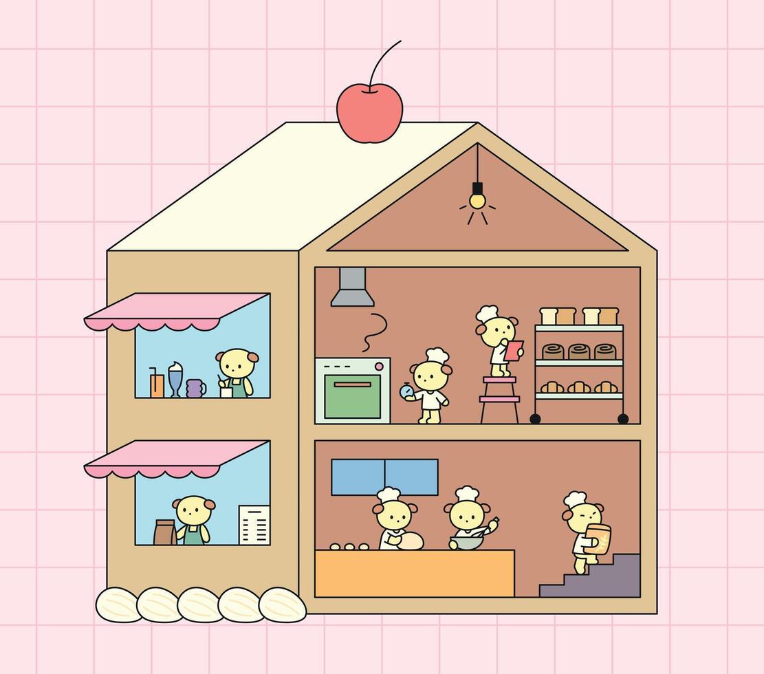 Adorable bear characters baking bread and running a bakery inside a cross-section house. Cute pastel illustration perfect for kids and cooking content. vector