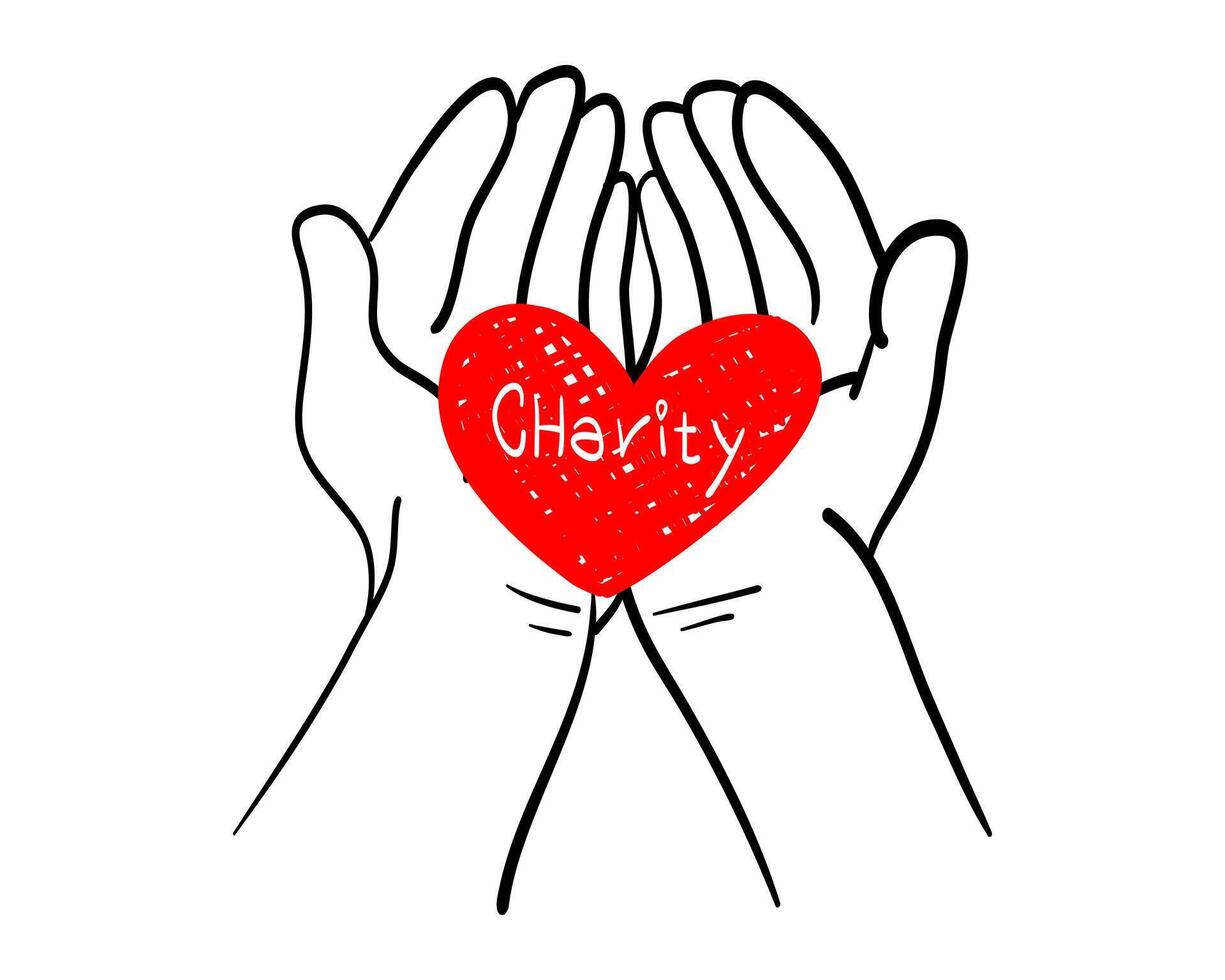 Doodle hand drawn of Hands holding a heart. Concept of charity and donation. Give and share your love to people. hands gesture on doodle style vector