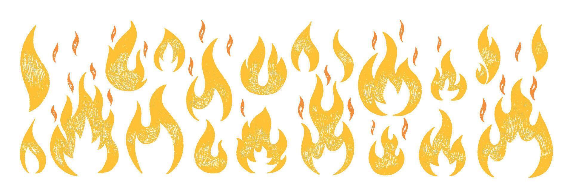 Collection of hand drawn fire flames with crayon, pastel, chalk or pencil texture. Grunge elements in sketch style. Yellow illustration isolated on a white background. vector
