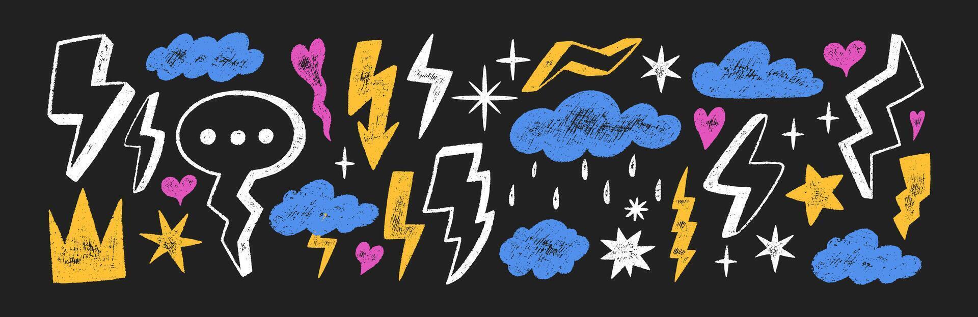 Set of doodle clouds, lightning bolts, stars and weather symbols with crayon, pastel, chalk or pencil texture. Decoration elements in sketch style. Color illustration on a blackboard. vector