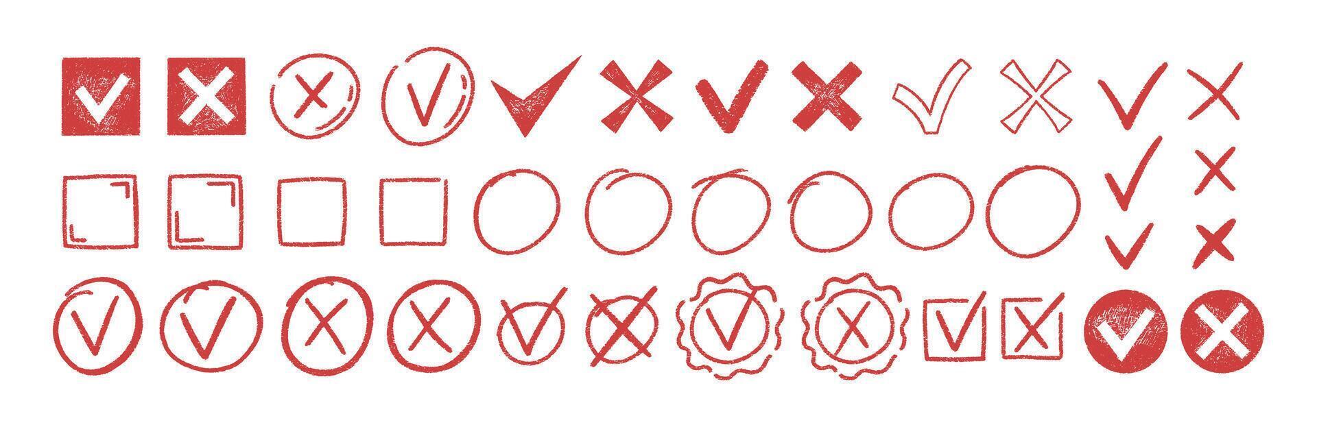 Set of check marks, checklist, checkbox, tick and cross signs with crayon, pastel or chalk texture. Pencil correct or incorrect symbols in sketch style. Red illustration. vector