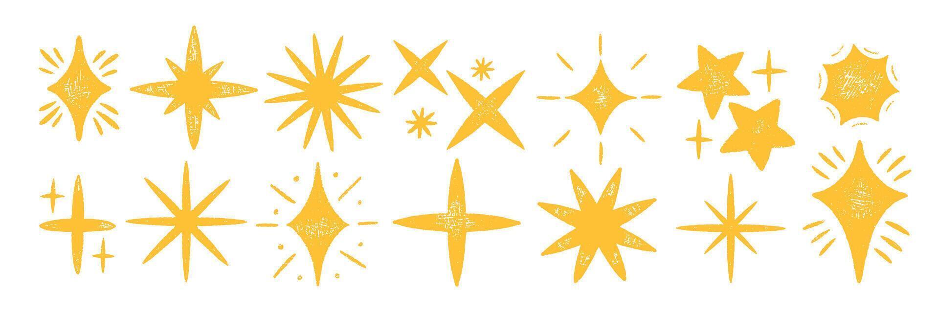 Set of stars and magic sparks with crayon, pastel or chalk texture. Doodle sparkles with organic texture for collage or kids design. Yellow illustration on a white background. vector