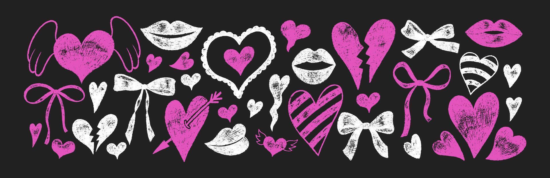 Collection of doodle hand drawn hearts, bows and lips with crayon, pastel, chalk or pencil texture. Grunge elements in sketch style. Pink and white illustration on a blackboard. vector