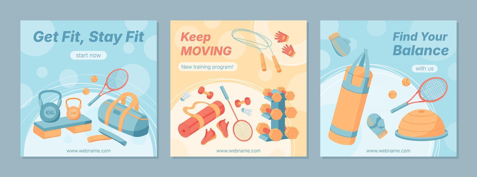 Trendy flat fitness banner with gym equipment set. Includes workout gear like kettlebell, dumbbell, racket, and mat. Perfect for training, healthy lifestyle promotion, and sport designs. Vibrant vector