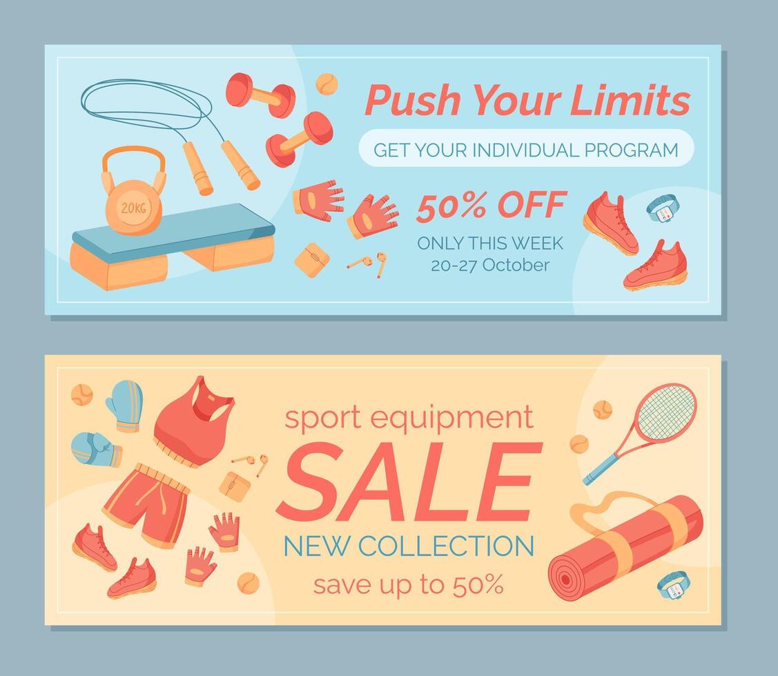 Colorful minimal banner design with sport equipment set. Fitness and gym gear for workout and healthy training. Tools accessories for physical activity in a dynamic background healthy lifestyle vector