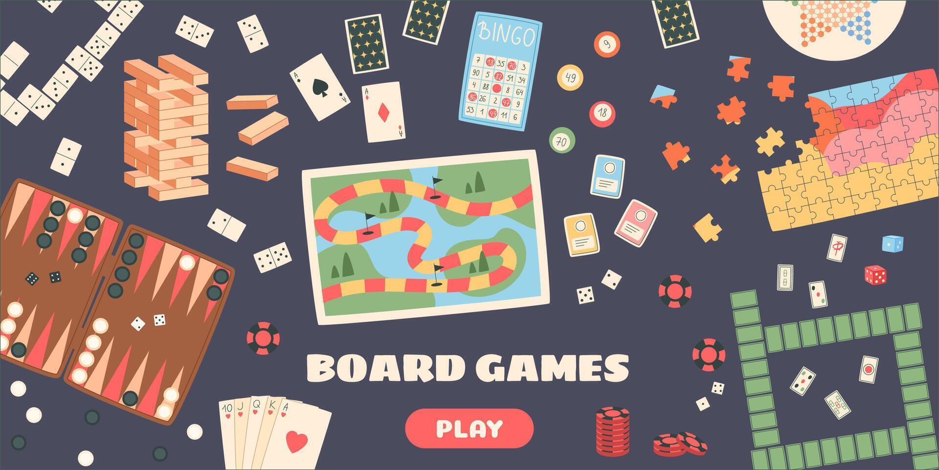 Flat boardgame banner with colorful games. Classic board pieces with puzzle, map, card, dice, and jenga. Fun play concept bingo and other table games. Perfect for gaming, family, entertainment vector