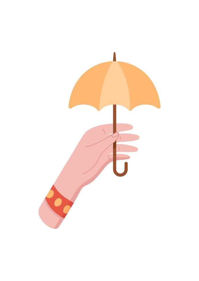 Hand holding an umbrella. Human hand grasping a safety item. Cartoon symbol of protection, sticker format, potential usage for safety campaigns or designs. vector