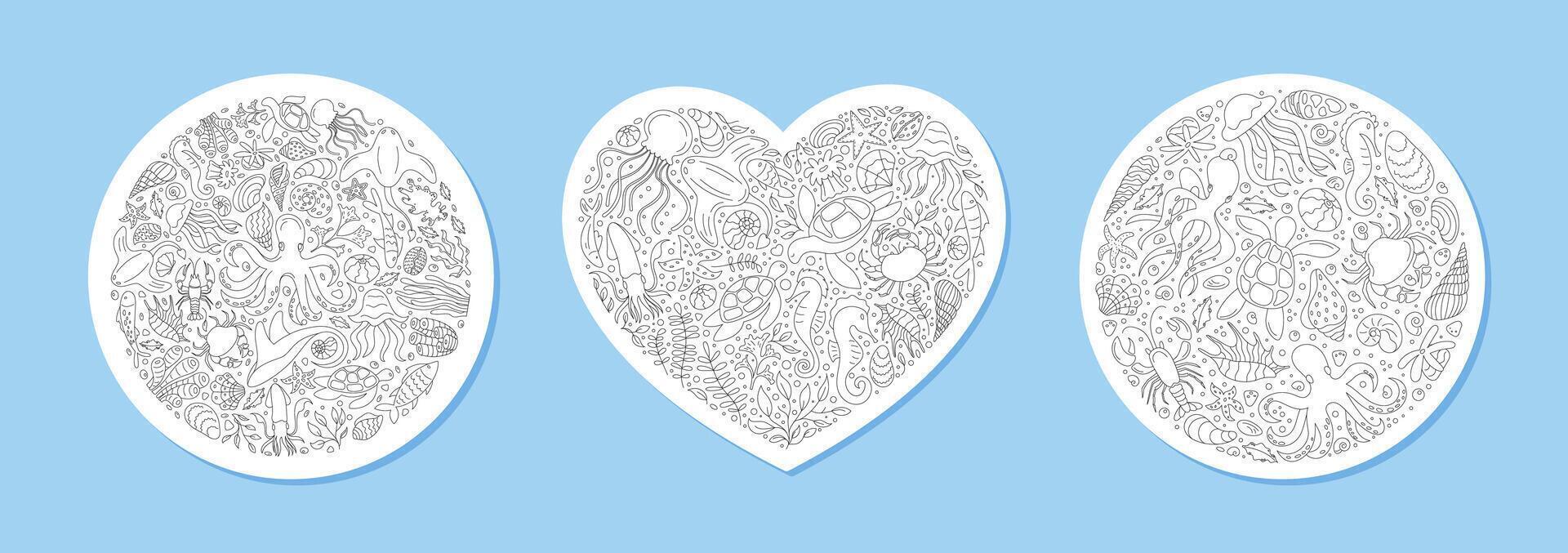 Heart and circle shaped marine concept in detailed outline. Underwater ocean creatures and aquatic shapes form a flat, doodle style sketch. Perfect for creative backgrounds abstract patterns. vector