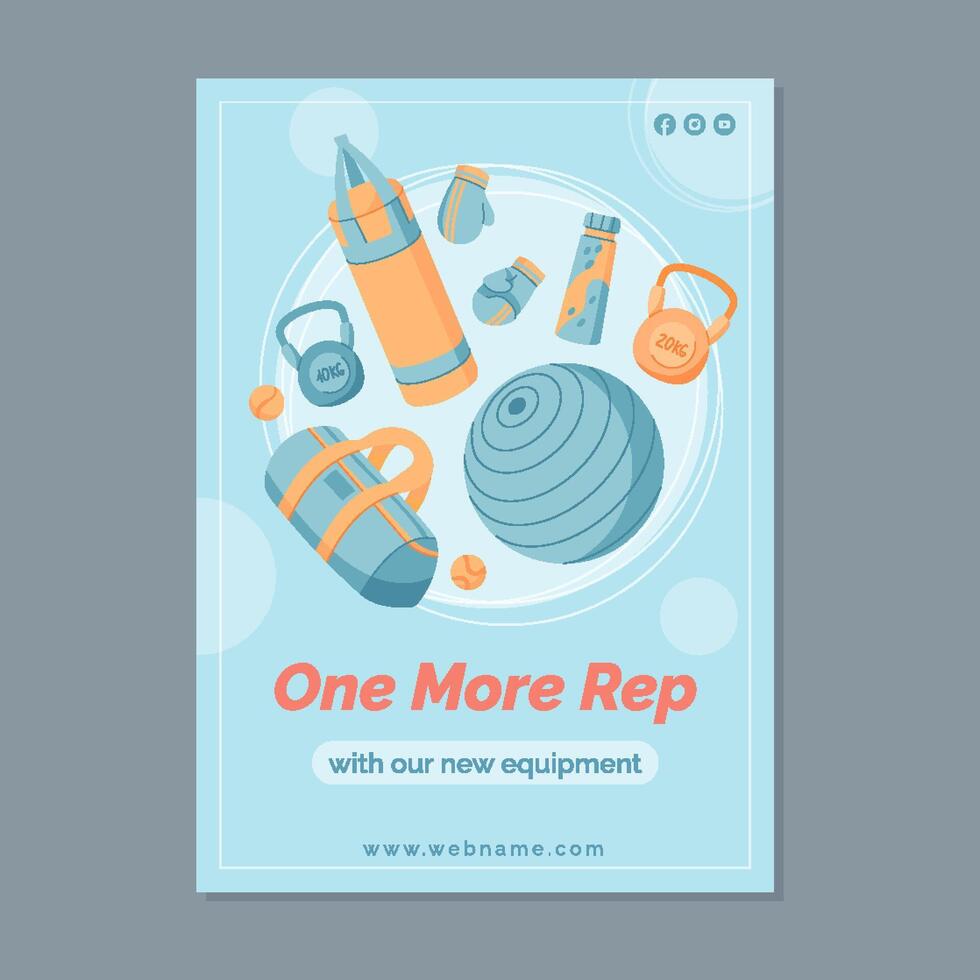 Trendy flat gym training banner with sport and fitness equipment. Banner design highlights workout tools like kettlebells, gloves, and bottles. Perfect background for healthy lifestyle concepts vector