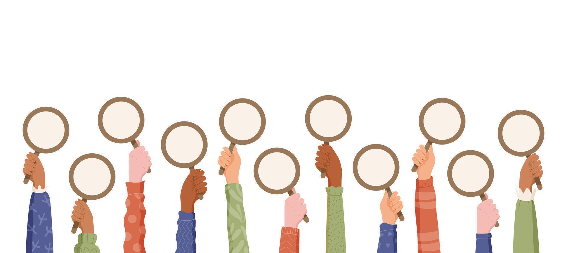 Cartoon hands hold empty signs. Diverse customer arms raise blank posters, reflecting review feedback and survey opinion. Creative gesture template for comment or message, modern poster style for vector