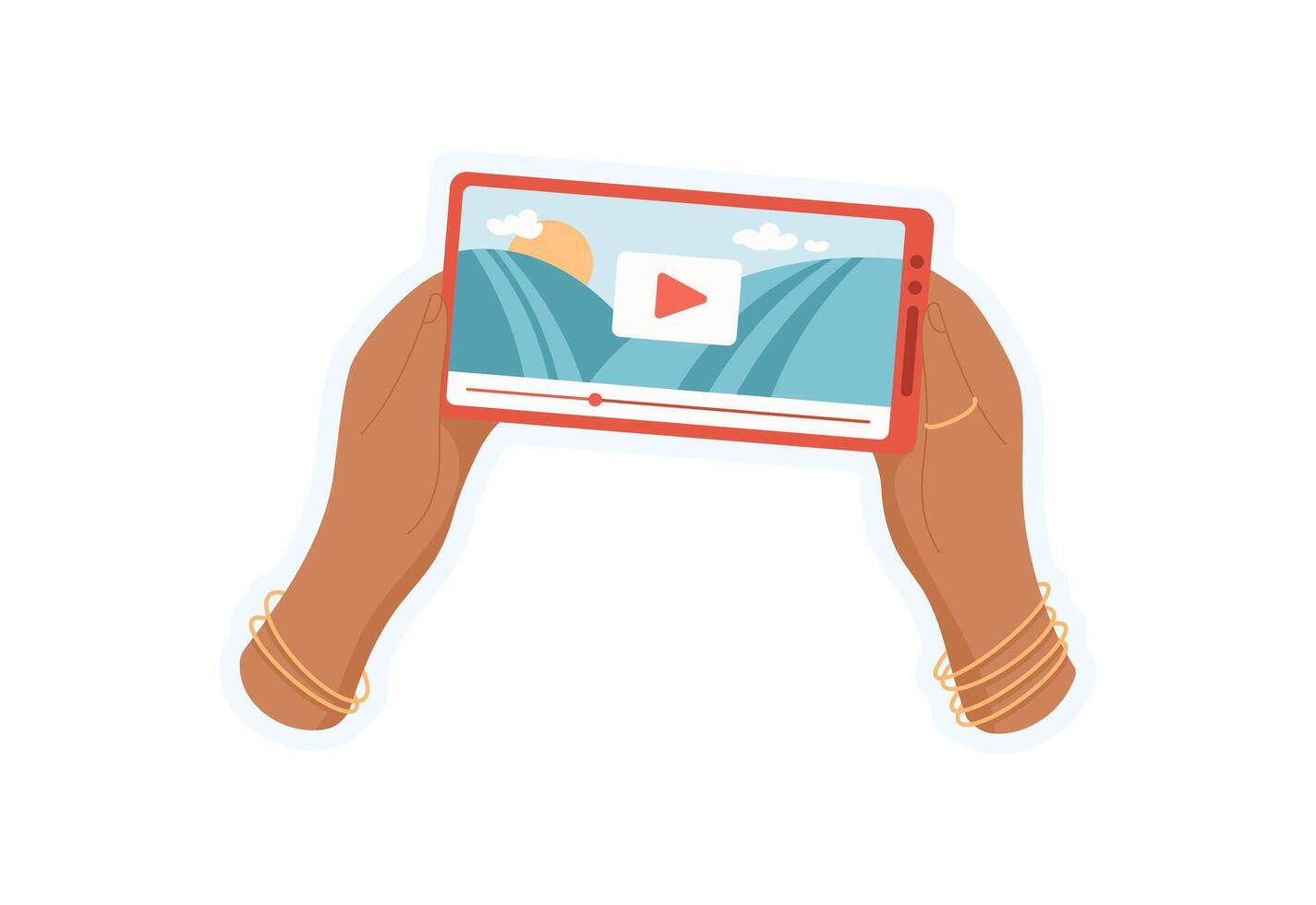 User hold smartphone for play. Character using mobile application on screen. Engaging media interaction, digital sticker style, ideal for online communication and social media. vector