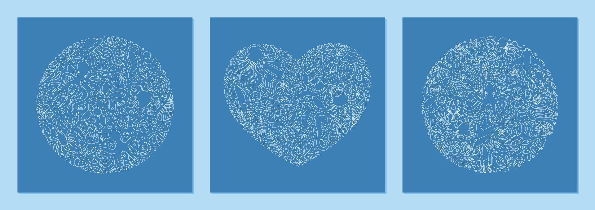 Underwater heart and circle outline design showing aquatic fish, coral, and marine world. Seamless doodle background with round abstract concept. Perfect for ocean themes creative usage. vector